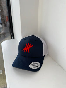 Navy & white trucker cap with white & red logo