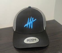 Load image into Gallery viewer, New Black &amp; grey trucker cap with light blue logo
