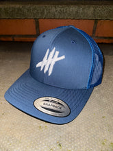 Load image into Gallery viewer, Navy &amp; blue trucker cap with white logo
