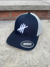 Load image into Gallery viewer, New navy/grey trucker with white logo
