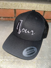 Load image into Gallery viewer, Black trucker cap with grey logo
