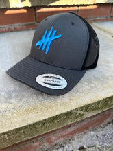 Load image into Gallery viewer, Grey &amp; black trucker cap with light blue logo
