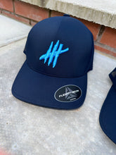 Load image into Gallery viewer, Navy delta flexfit cap with light blue logo
