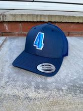 Load image into Gallery viewer, Navy &amp; blue trucker cap with light blue &amp; white logo
