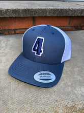 Load image into Gallery viewer, Navy &amp; white trucker cap with white &amp; navy logo
