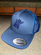 Load image into Gallery viewer, Navy &amp; blue trucker cap with navy logo
