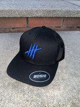 Load image into Gallery viewer, Black trucker cap with blue logo
