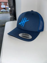 Load image into Gallery viewer, Navy &amp; blue trucker cap with light blue &amp; white logo
