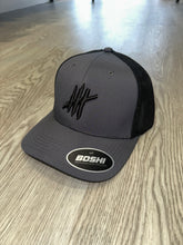 Load image into Gallery viewer, Grey/black trucker cap with black logo
