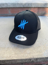 Load image into Gallery viewer, New Black trucker with light blue logo
