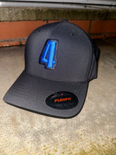 Load image into Gallery viewer, Black flexfit sports cap with blue &amp; black logo
