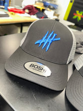 Load image into Gallery viewer, New Black &amp; grey trucker cap with blue logo

