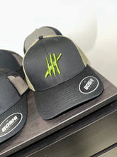 Load image into Gallery viewer, Black/Khaki trucker with green logo
