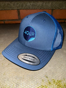 Navy & blue trucker cap with light blue & navy logo