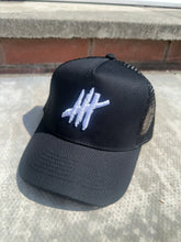 Load image into Gallery viewer, Black trucker youths cap with grey logo
