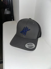 Load image into Gallery viewer, Dark grey &amp; black trucker cap with blue logo
