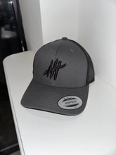 Load image into Gallery viewer, Dark grey &amp; black trucker cap with black logo
