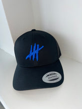 Load image into Gallery viewer, Black trucker cap with blue logo
