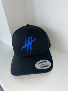 Black trucker cap with blue logo