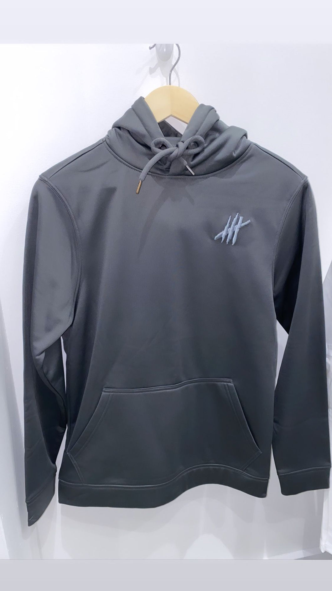 Charcoal sports hoodie with grey logos