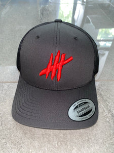 Grey & black trucker cap with red logo