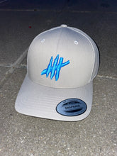 Load image into Gallery viewer, Light grey trucker cap with light blue logo
